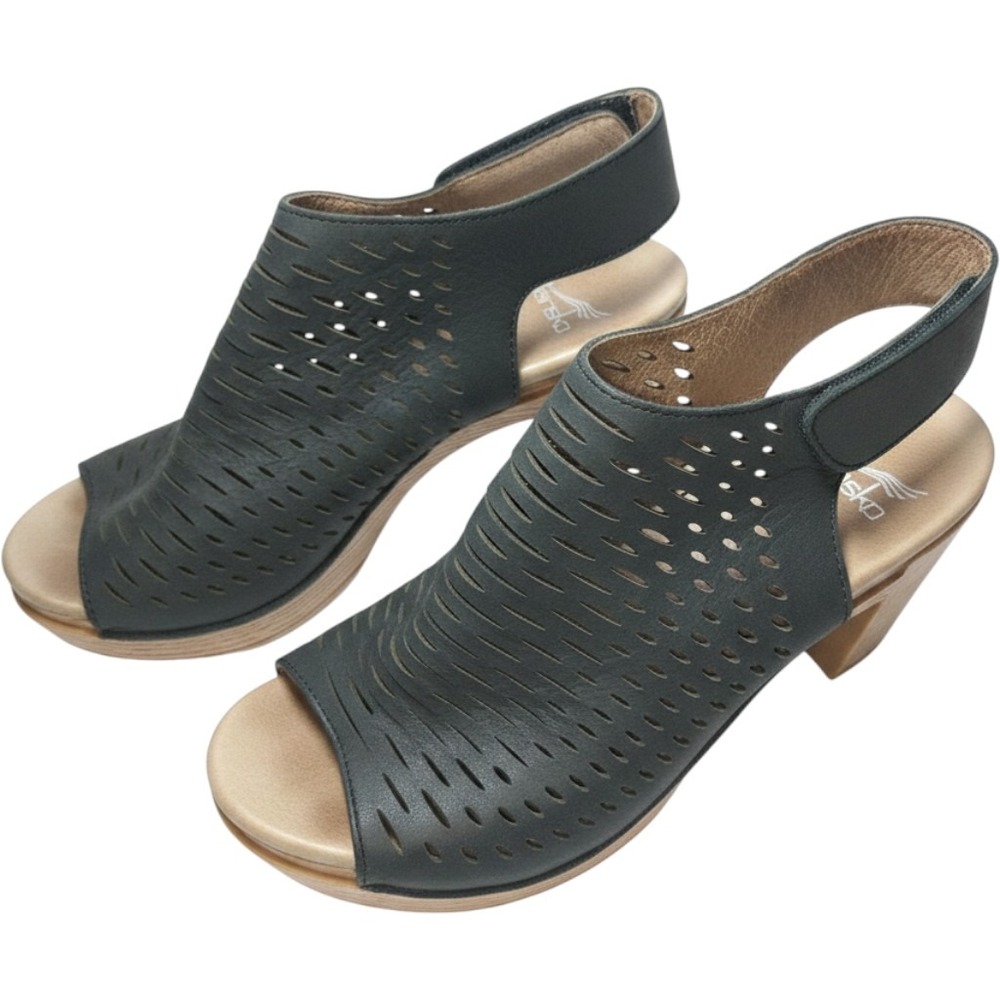 Dansko Joanie Black Perforated Leather Slingback Heel Sandals Womens 37 Boho